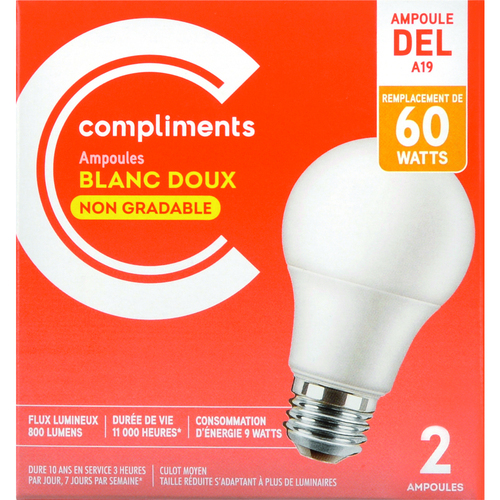 LED Light Bulbs A19 60W Soft White Non Dimmable 2 EA Compliments.ca