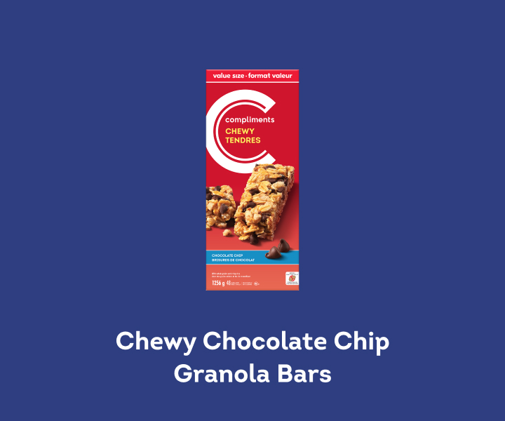 red box of Compliments chewy chocolate chip granola bars