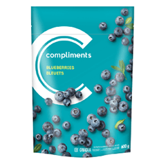 Blue package of Compliments Frozen Blueberries