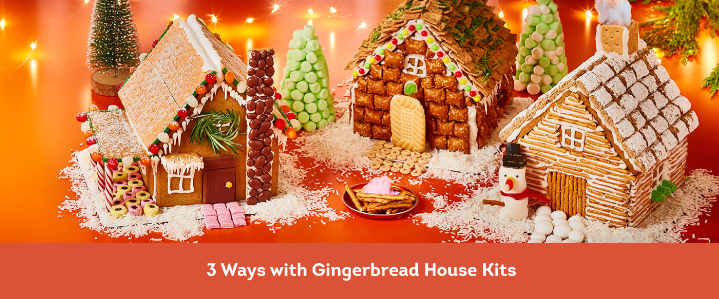 3 gingerbread houses decorated in cottage, modern, and Victorian style.