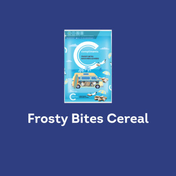 Compliments Frosty Bites cereal in a blue package.